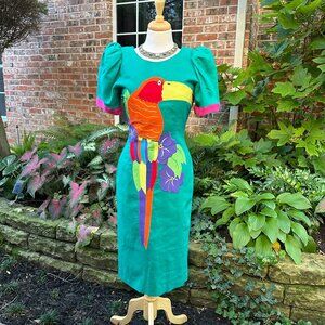 Vintage Deborah Laws Colorful Toucan Tropical Midi Dress Sz 4
